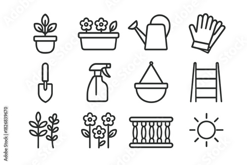 Balcony Garden Icons. Balcony garden. Line icon set of balcony garden: potted plant, flower box, watering can, garden gloves, small shovel, sprayer, hanging
