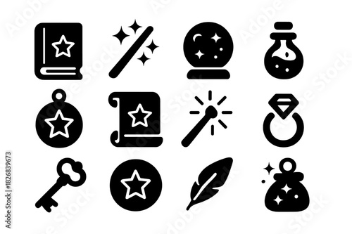 Magical Artifacts Icons. Magical artifacts. Solid icon set of magical artifacts: enchanted book, wand, crystal ball, potion, magical amulet, spell scroll,