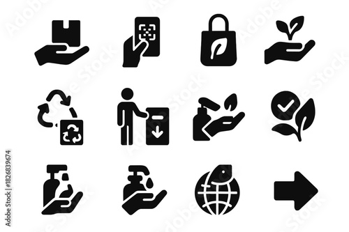 Consumer Interaction Icons. Consumer interaction. Solid icon set of Consumer interaction: hand holding package, scanning code, recycling action, reusable bag