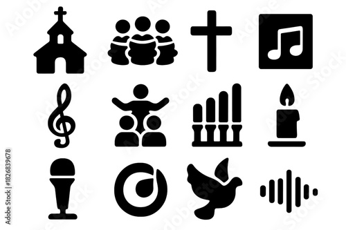 Church Choir Icons. Church choir. Solid icon set of church choir: church, singers, cross, music sheet, treble clef, conductor, organ pipes, candle, microphone,