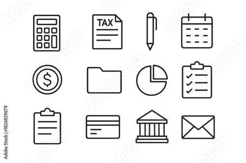 Tax Icon Set. Tax preparation. Line icon set of tax preparation: calculator, document, pen, calendar, dollar coin, folder, pie chart, checklist, clipboard,