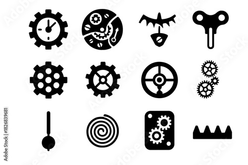 Clockwork Icons Grid. Clockwork. Solid icon set of Clockwork: clock gear, watch mechanism, escapement, winding key, minute wheel, hour wheel, balance wheel,