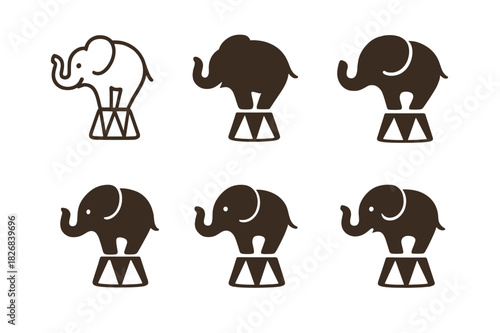 Circus Animals Icons. Circus animals and animal performances. Icon set. Set Logo of circus animals and animal performances: performing elephant. harmonious