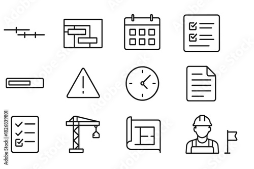 Task Management Icons. Task scheduling interface. Line icon set of Task scheduling interface: timeline, Gantt chart, calendar, task list, progress bar, alert