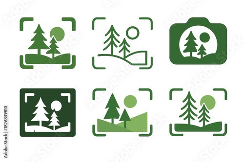 Nature Photoshoot Logos. May photoshoot in nature. Icon set. Set Logo of nature photoshoot: forest scenery with camera focus. harmonious logo variations of the