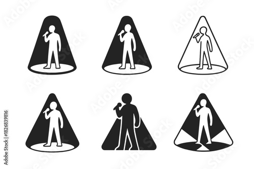 Pop Music Logos. Pop music. Icon set. Set Logo of pop music: singer silhouette with spotlight. harmonious logo variations of the same emblematic concept, each