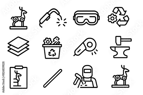 Recycled Metal Sculptures. Sculpture-making from recycled metal scrap. Line icon set of Sculpture-making from recycled metal scrap: metal sculpture, welding