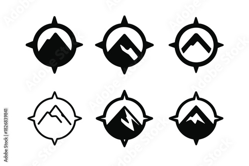Traveler Logo Variations. Traveler. Icon set. Set Logo of traveler: mountain and compass emblem. harmonious logo variations of the same emblematic concept,