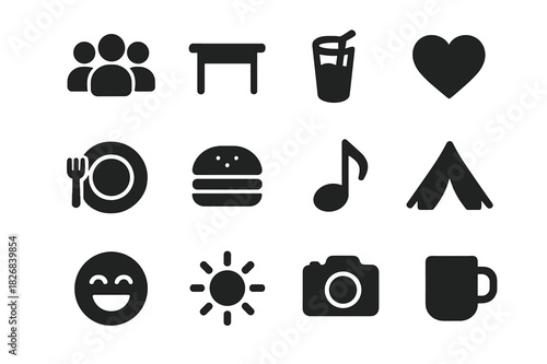 Friends Gathering Icons. Friends gathering. Solid icon set of friends gathering: people group, table, drink glass, heart, plate, burger, music note, tent,