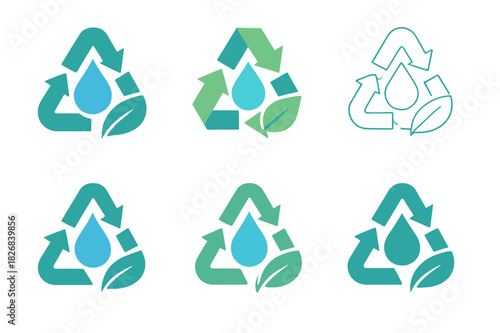Eco Water Logo Set. Water treatment and waste management solutions. Icon set. Set Logo of water treatment and waste management solutions: eco water cycle.