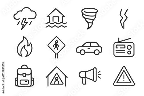 Natural Disaster Icons. Natural disaster evacuation. Line icon set of natural disaster evacuation: storm cloud, flood, tornado, earthquake crack, wildfire,