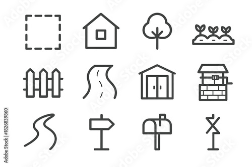Land Development Icons. Land development. Line icon set of Land development: plot boundary, house, tree, garden bed, fence, driveway, shed, water well,