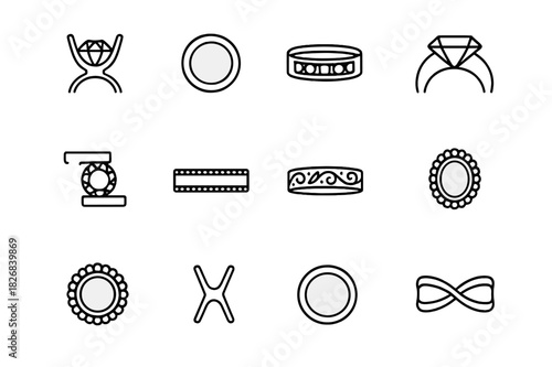 Jewelry Icon Set. Jewelry close-up shots. Line icon set of jewelry close-up shots: ring close-up, earring close-up, necklace close-up, bracelet close-up,