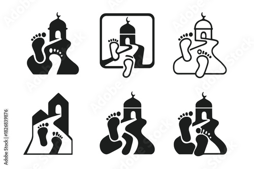 Pilgrimage Footstep Logos. Holy pilgrimage. Icon set. Set Logo of Holy pilgrimage: Footsteps on path. harmonious logo variations of the same emblematic concept