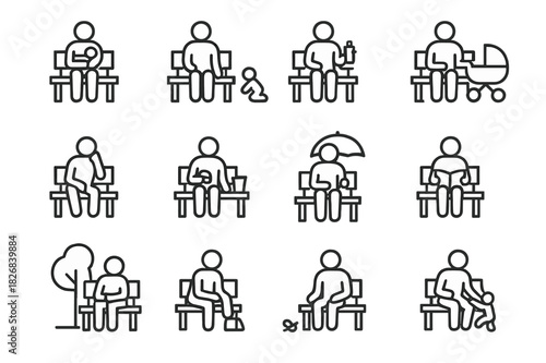 Caregiver Icon Set. Caregiver seating. Line icon set of caregiver seating: holding baby, watching toddler, bottle in hand, stroller close, rest break, lunch on