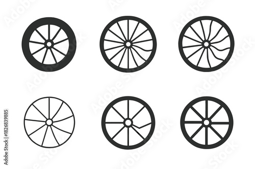 Bicycle Wheel Logos. Bicycle wheel. Icon set. Set Logo of bicycle wheel: broken spoke. harmonious logo variations of the same emblematic concept, each with