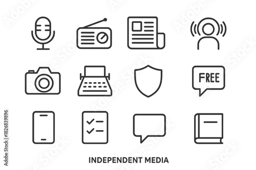 Independent Media Icons. Independent media. Line icon set of independent media: microphone, radio, article, podcast, camera, typewriter, shield, free speech