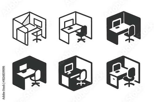 Office Cubicle Logos. Office cubicle. Icon set. Set Logo of office cubicle: productivity and organization symbol. harmonious logo variations of the same