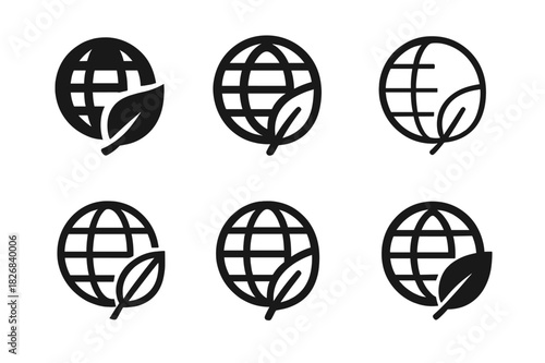 Ethical Branding Icons. Ethical branding. Icon set. Set Logo of ethical branding: globe and leaf. harmonious logo variations of the same emblematic concept,