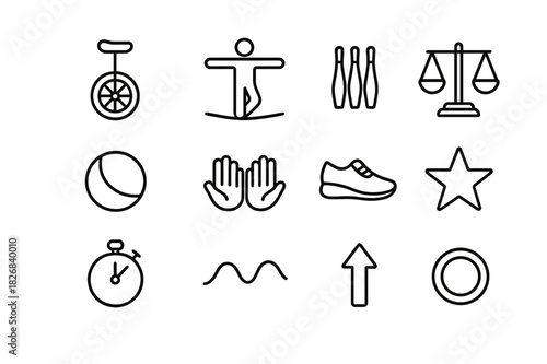 Balance and Coordination Icons. Balance and coordination. Line icon set of balance and coordination: unicycle, tightrope, juggling clubs, balance scale, ball,
