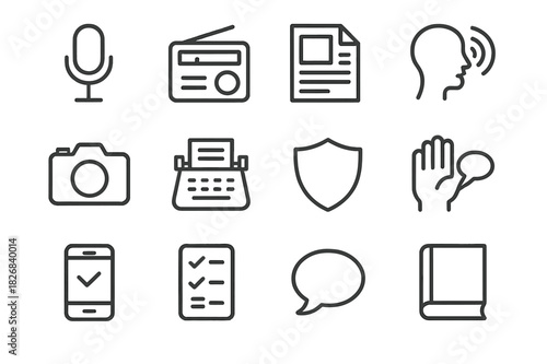 Independent Media Icons. Independent media. Line icon set of independent media: microphone, radio, article, podcast, camera, typewriter, shield, free speech