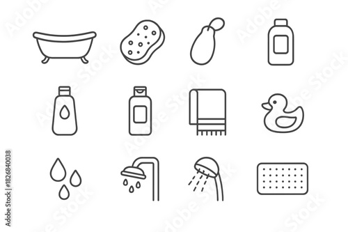 Relaxation Bath Icons. Relaxation bath set. Line icon set of Relaxation bath set: bathtub, bath sponge, loofah, soap bar, shampoo bottle, shower gel bottle,