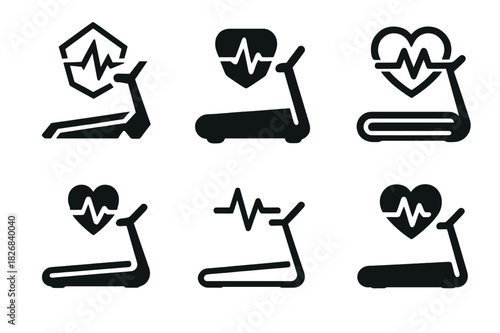 Treadmill Logo Icons. Treadmill workout. Icon set. Set Logo of treadmill workout: treadmill with energy pulse. harmonious logo variations of the same