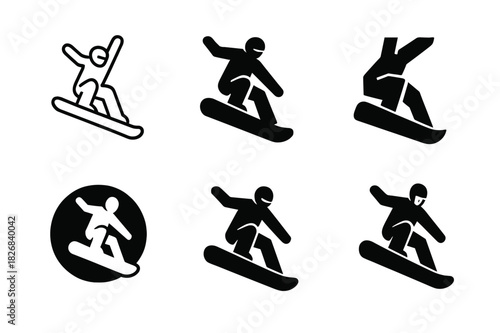 Snowboarding Logo Variations. snowboarding. Icon set. Set Logo of snowboarding: snowboarder performing jump. harmonious logo variations of the same emblematic
