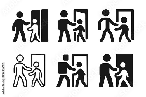 Holding Door Logos. holding the door open. Icon set. Set Logo of holding the door open: person assisting another. harmonious logo variations of the same
