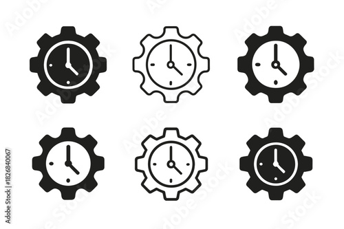 Time Management Icons. Mastering time management with technology. Icon set. Set Logo of time management: gear and clock integration. harmonious logo variations