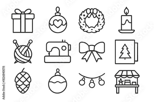 Craft Fair Icons. Holiday craft fairs. Line icon set of Holiday craft fairs: gift box, handmade ornament, wreath, candle, knitting needles, sewing machine,