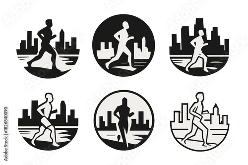 Jogger Skyline Logos. A person jogging along the waterfront in the city, enjoying the view of the skyline. Icon set. Set Logo of a person jogging along the