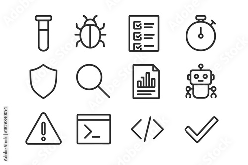 Testing Icons Collection. Testing and QA. Line icon set of Testing and QA: test tube, bug, checklist, stopwatch, shield, magnifying glass, report, automation