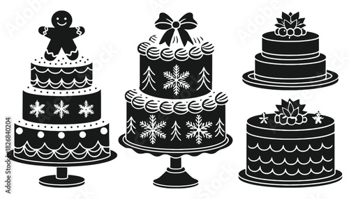 Illustration of decorated christmas cakes with various festive designs
