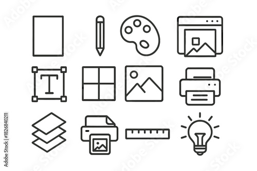 Design Elements Icons. Creating a design for a poster. Line icon set of Creating a design for a poster: blank poster, pencil tool, paint palette, color picker,