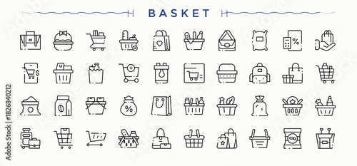 Basket icon set. Line icons with editable stroke. Buy icon set. Pictograms of commerce, bag, cart, purchase, delivery, sale and more.