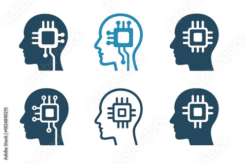 Transhumanism Icons Set. Transhumanism and technology integration. Icon set. Set Logo of transhumanism and technology integration: Biochip implant symbol.