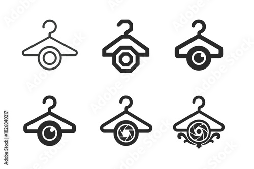 Cosplay Photography Logos. Cosplay photography studio. Icon set. Set Logo of cosplay photography: costume hanger with lens. harmonious logo variations of the