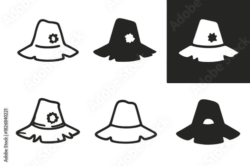 Scarecrow Hat Logos. Scarecrow Hat. Icon set. Set Logo of Scarecrow Hat: Woven Rim. harmonious logo variations of the same emblematic concept (Stylized detail,