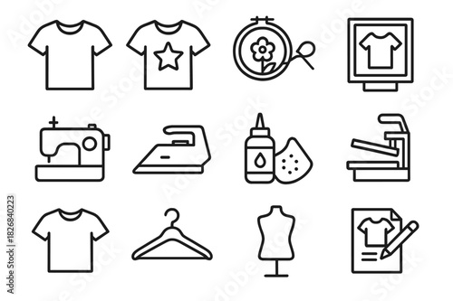 Customized T-Shirt Icons. Customized t-shirts. Line icon set of Customized t-shirts: plain t-shirt, printed t-shirt, embroidery design, screen printing frame,