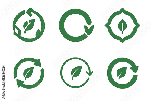 Circular Economy Icons. Circular economy and waste reduction initiatives. Icon set. Set Logo of circular economy: compost bin. harmonious logo variations of