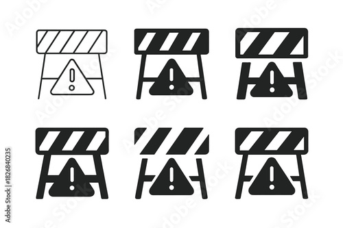 Evacuation Roadblock Icons. roadblock for evacuation. Icon set. Set Logo of roadblock for evacuation: barricade with warning sign. harmonious logo variations
