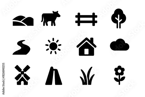 Pastoral Icons Grid. Pastoral scenery. Solid icon set of pastoral scenery: hills, cow, fence, tree, river, sun, farmhouse, cloud, windmill, grass, road,