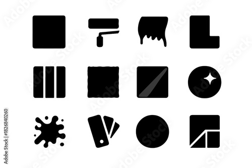 Paint Finishes Icons. Paint finishes. Solid icon set of Paint finishes: smooth wall, roller stroke, brush stroke, corner, wall panel, texture, gradient, sheen