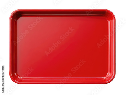 A vibrant, glossy, rectangular red tray sits centrally against a dark backdrop, showing rounded corners and a raised edge