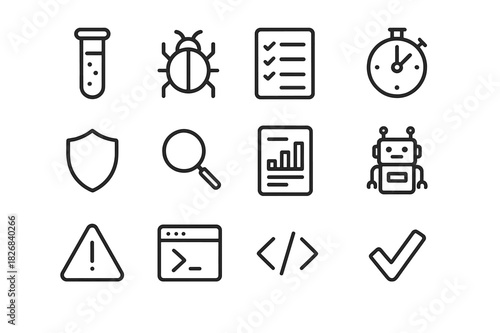 Testing Icons Collection. Testing and QA. Line icon set of Testing and QA: test tube, bug, checklist, stopwatch, shield, magnifying glass, report, automation