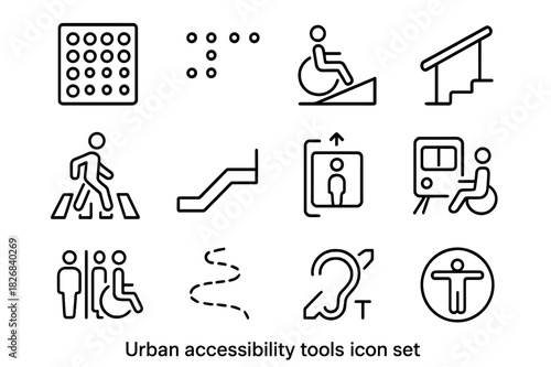 Urban Accessibility Icons. Urban accessibility tools. Line icon set of Urban accessibility tools: tactile paving, braille sign, wheelchair ramp, handrail,