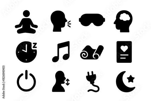 Mindfulness Icon Set. Mindfulness and rest. Solid icon set of Mindfulness and rest: meditating pose, breathing icon, sleep mask, cloud thoughts, rest clock,