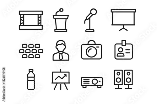 Conference Icon Set. Conference setup. Line icon set of conference setup: stage, podium, microphone, screen, seating rows, speaker, camera, name badge, water