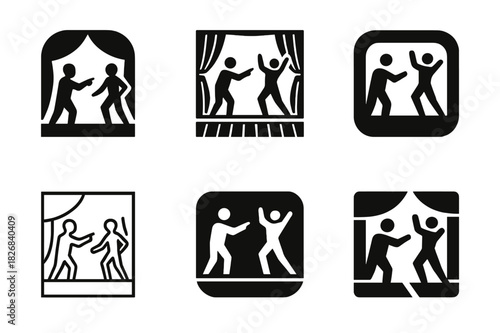 Theatrical Feedback Icons. A director giving feedback to an actor on their performance. Icon set. Set Logo of a director giving feedback to an actor on their